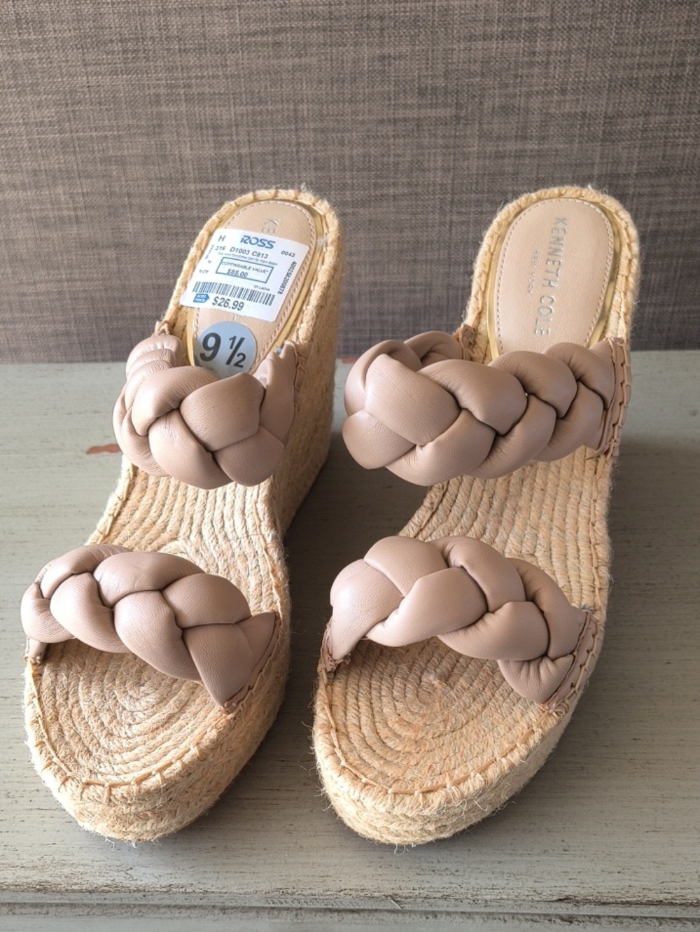 Kenneth Cole Braided Nude Tan Espadrille Wedge Sandals